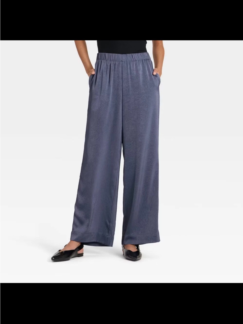 Wide-Leg Elastic Waist Satin Pants in Slate Blue